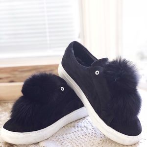 Here / Now black suede pompom sneakers